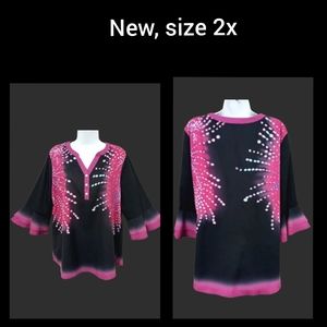 Women's purple abstract print v cut 3/4 tiered sleeve top XXL